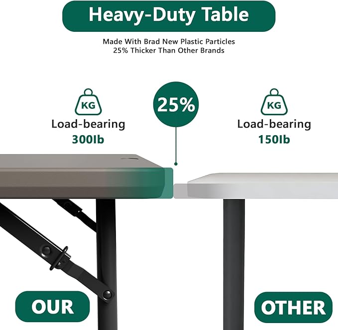 Folding Table 4FT Heavy Duty Plastic Table with Handle, Foldable&Portable, Fold-in-Half Utility Tables for Outdoor, Dining, Wedding, Events, Indoor, Picnic, Camping, Party, Khaki