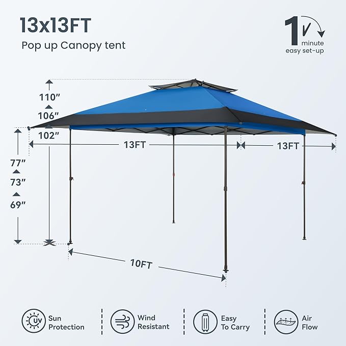 PHI VILLA 13x13 Pop Up Canopy Tent Instant Outdoor Party Canopy Easy One Person Set-up Folding Shelter with Auto Extending Eaves 169 Square Feet of Shade, Blue, Oxford Cloth with Stainless Steel Frame