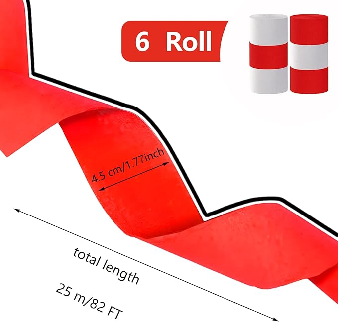Red and White Crepe Paper Streamers, Party Streamers for Sports Events,Birthday Party,Graduation Decorations, 6 Rolls（82 Feet Long x 1.77 Inch）