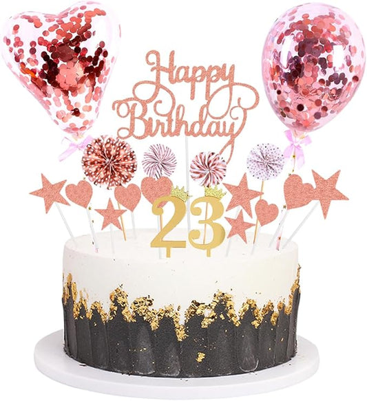 Daimay Pink Birthday Cake Topper Supplies Acrylic Glitter 1st Happy Birthday Cake Deco with Confetti Balloon Paper Fans Stars Firework Cupcake Toppers for Baby Shower Birthday Party - Rose Gold 23