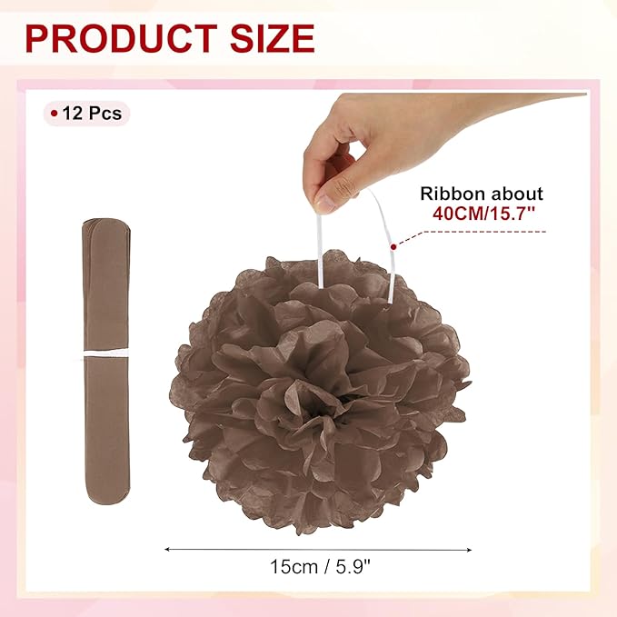 PATIKIL 6inch Tissue Paper Pom Poms, 12PCS Pom Poms Paper Flowers Ball Tissue Paper Flowers for Wedding Bridal Shower Birthday Bachelorette Party Backdrop Decoration, Brown