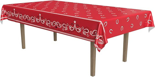 Beistle Red Bandana Plastic Tablecover – Western Theme Rectangular Tablecloth for Farmhouse Parties, Cowboy Birthday Decorations, Rodeo Events and Country Picnic Tables, 54” x 108”