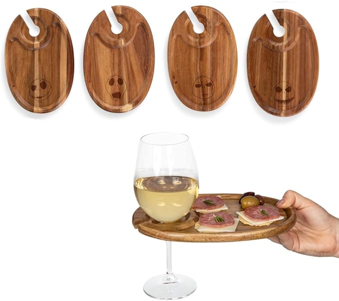 PICNIC TIME Disney Nightmare Before Christmas Jack Skellington Wine Appetizer Plate Set of 4 with Glass Holder, Acacia Wood Cocktail Plates for Cheese Charcuterie and Entertaining, (Acacia Wood)