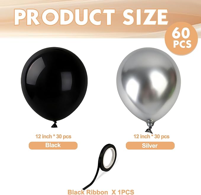 Black and Silver Balloons, 60 Pcs 12 Inch Latex Balloons with 1 Ribbon, for Birthday Wedding Bridal Shower Party Decorations