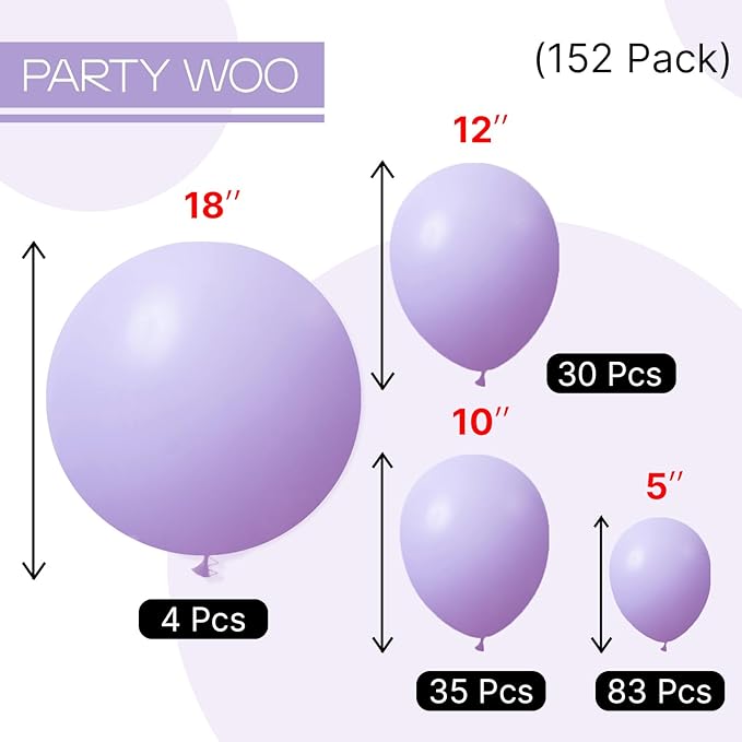 PartyWoo Lavender Balloons 152pcs Different Sizes Pack of 18 12 10 5 Inch Light Pastel Purple Lilac Balloon Arch Kit for Baby Shower Bachelorette Fairy Birthday Princess Party Decorations Purple-Q10