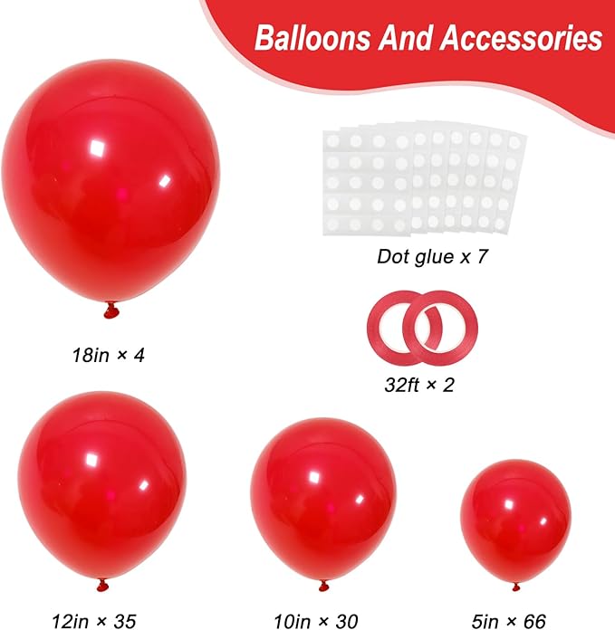 RUBFAC 135pcs Red Balloons Different Sizes 18 12 10 5 Inch for Garland Arch, Latex Christmas Balloon for Birthday Party Wedding Decorations