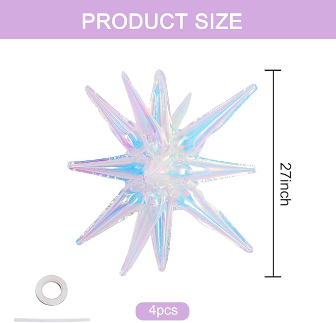TONIFUL 4 Pcs 22inch 4D Iridescent Explosion Star Mylar Balloons 14Point Star Balloons for Party Decorations Backdrop Christmas New Year Birthday Wedding Baby Shower Anniversary Photo Booth Supplies