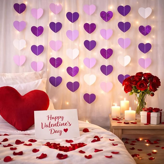 GCQQ Purple Heart Garland - 52Ft/16M Purple and White Lavender Party Decorations 4 Packs Glitter Hanging Heart Streamers for Birthday Wedding Baby Bridal Shower Bachelorette Party Backdrop Décor