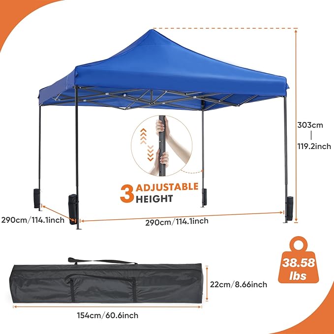 OLIXIS 10x10 Ft Pop Up Canopy Tent, Waterproof Outdoor Canopy, Portable Instant Shade Shelter with Sandbags for Beach, Backyard, Parties, Camping and Commercial Events, Classic Blue