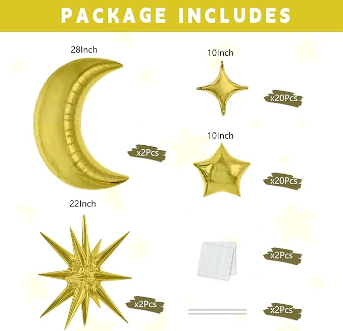 TONIFUL 44Pcs Gold Moon Explosion Star Foil Balloons Kit Large Moon Shape Star Mylar Foil Balloons for Birthday Wedding Baby Shower Anniversary Engagement Party Decorations Supplies