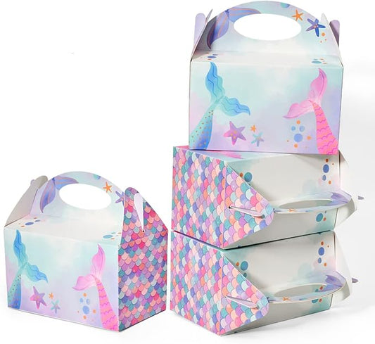 12 Pcs Small Party Treat Boxes, 6 Inch Candy Cookie Goodie Gift Bags Gable Box for Kids Birthday Party, Mermaid