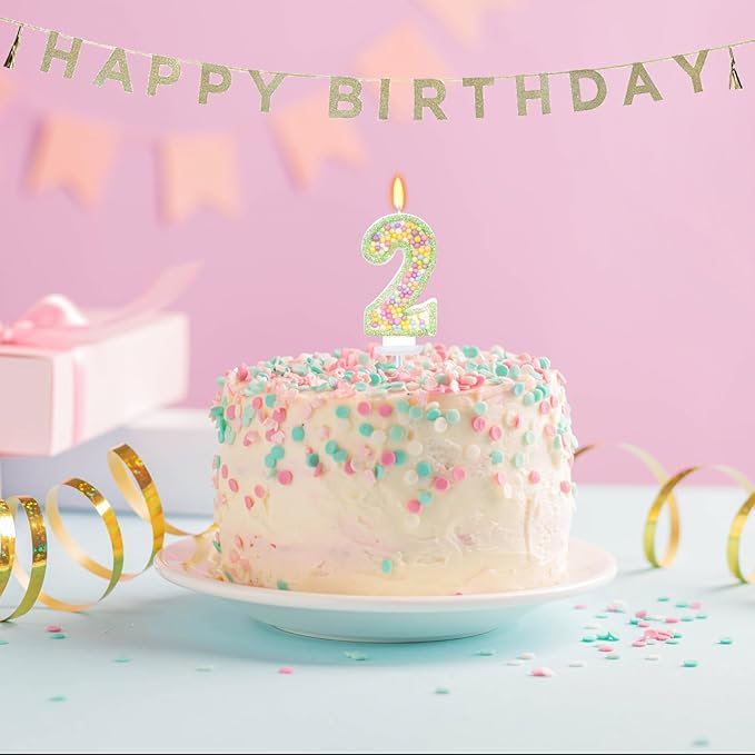 Birthday Candles - Number 2 Candle, Colorful Macaron Candles for Boys/Girls, Green Cake Decorations, Dinosaur Themed Party Supplies