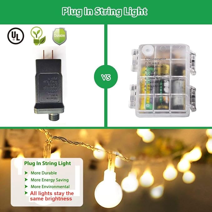 RaThun 49.2ft Globe String Lights with 16ft Extended Lead & Stable Remote - 100 LED Warm White, 8 Distinct Modes, IP44 Waterproof, UL Certified, Linkable for Indoor Outdoor Wedding Party Decor