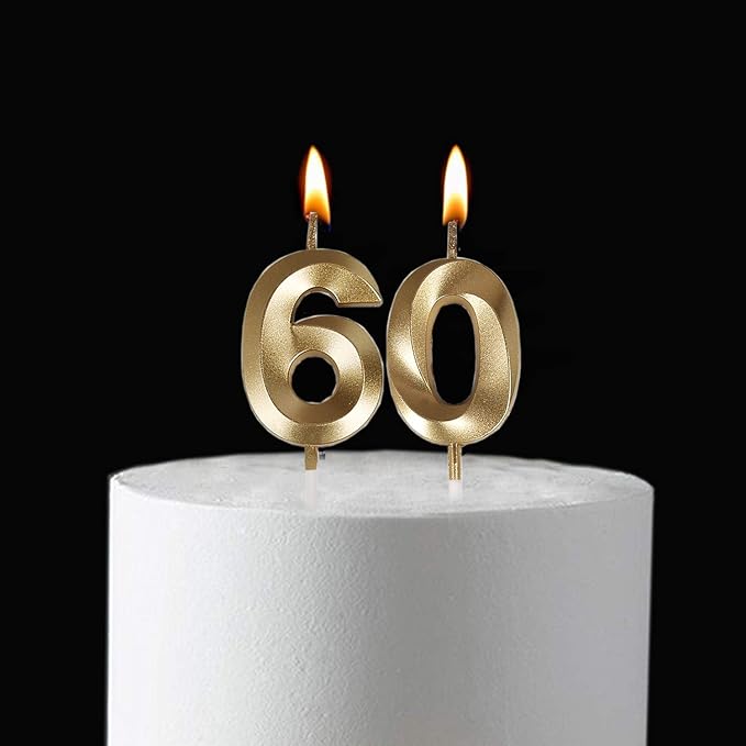 60th Birthday Candles,Gold Number 60 Cake Topper for Birthday Decorations Party Decoration