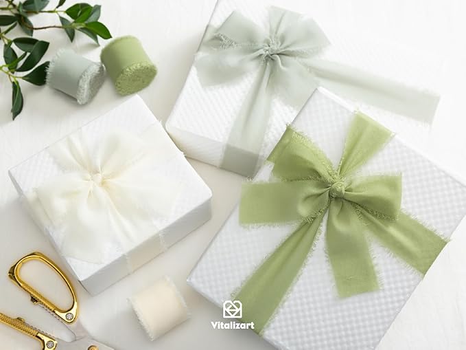 Vitalizart Sage Green Handmade Chiffon Silk Ribbon Fringe 1.5" x 21 Yd Frayed Edges Ribbons for Wedding Invitations Bridal Bouquets Gifts Wrapping Crafts Holiday Party Decorations