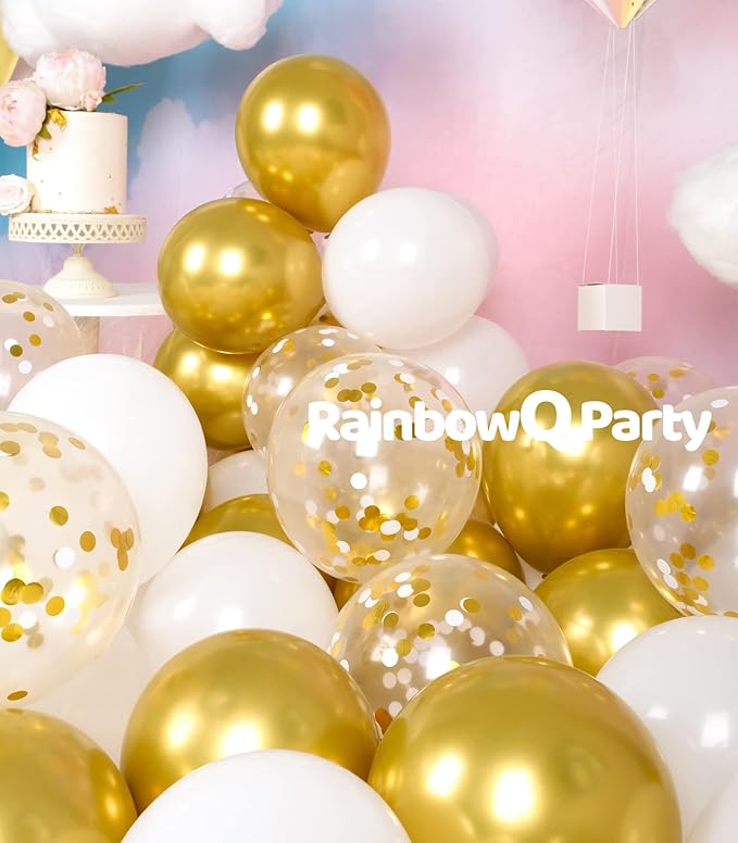 Metallic Shiny Gold and White Balloons 12 Inch 67PCS White Gold Confetti Balloons Latex Helium Balloon Set for Graduation Anniversary Wedding Birthday Party Decorations