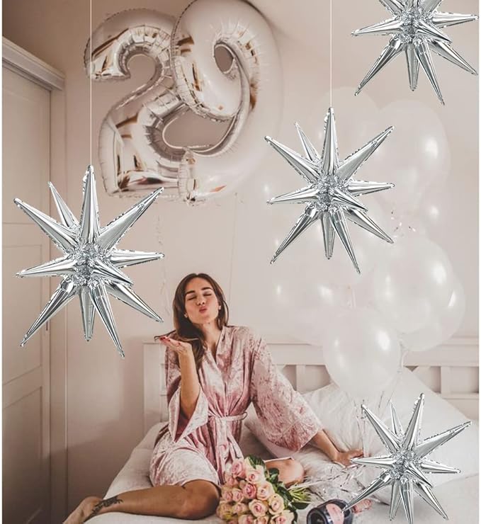 TONIFUL 4 Pcs 22inch 4D Huge Silver Star Balloons Explosion Star Mylar Foil Balloons for Party Supplies Backdrop Christmas,New Year,Birthday, Wedding,Photo Booth Ornament
