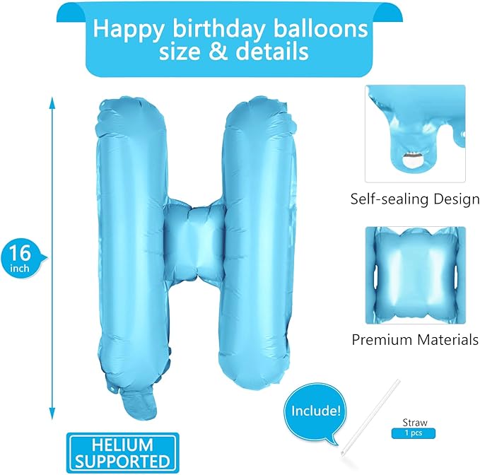 Light Blue Happy Birthday Balloons Banner 16 Inch Mylar Foil Letters
