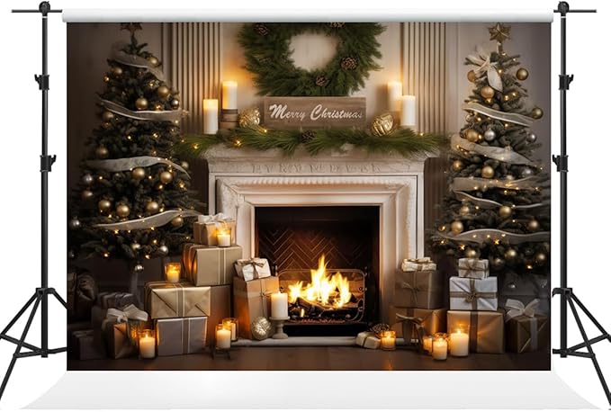 Kate 10×6.5ft Christmas Backdrop Xmas Indoor Fireplace Christmas Tree Christmas Wreath Decoration Background Photography Studio Props Party Pictures Video
