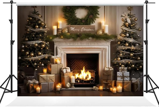Kate 10×6.5ft Christmas Backdrop Xmas Indoor Fireplace Christmas Tree Christmas Wreath Decoration Background Photography Studio Props Party Pictures Video