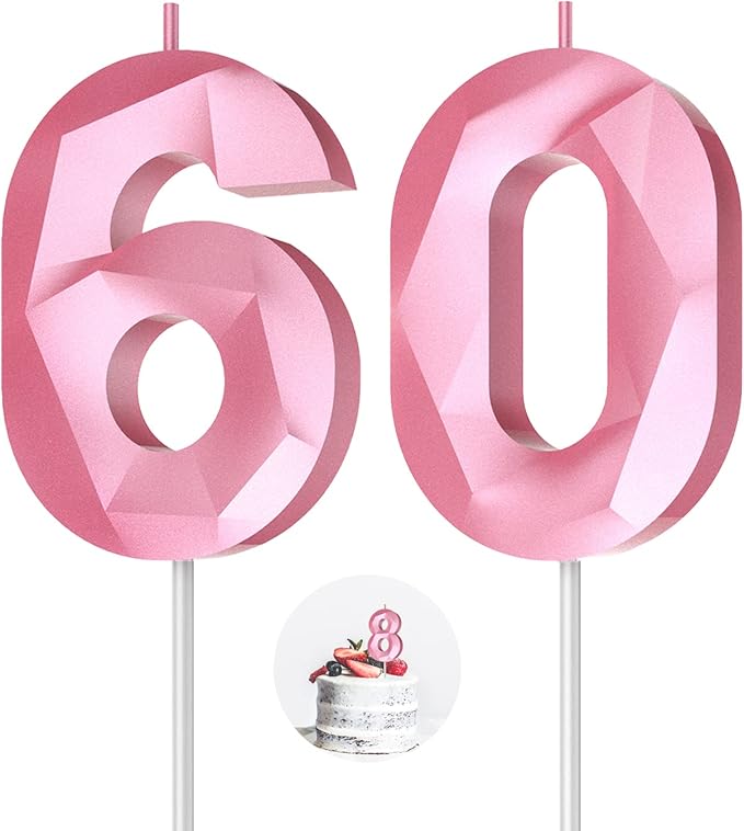 Number Birthday Candles(60 Candle Pink) 3D Diamond Shape 60th Happy Birthday Cake Topper Decorations for Women Men Birthday Wedding Anniversary Celebration Theme Party Supplies