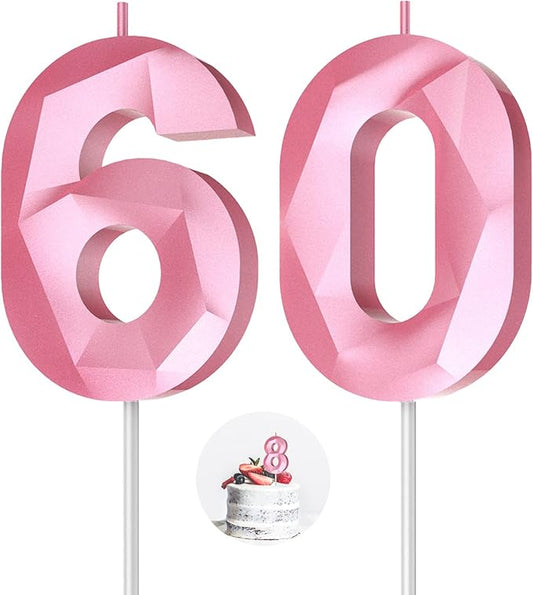 Number Birthday Candles(60 Candle Pink) 3D Diamond Shape 60th Happy Birthday Cake Topper Decorations for Women Men Birthday Wedding Anniversary Celebration Theme Party Supplies