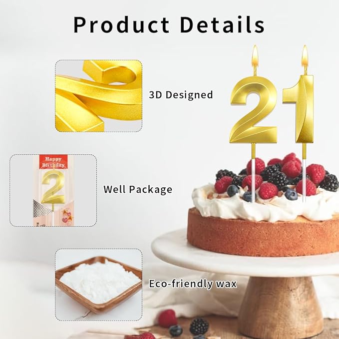 21th Birthday Candles Gold, 13 Candles, Happy 13th Birthday Candles, Gold Birthday Decorations for Boys, Number 21 Candles for Boys Girls