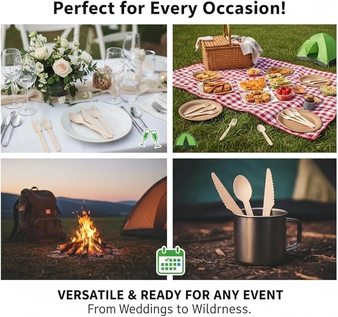 500 Pack Wooden Cutlery Set [200 Forks, 200 Spoons, 100 Knives] – Alternative to Plastic, Eco-Friendly Disposable Utensils, Biodegradable & Compostable – 100% Plastic-Free Party & Catering Supplies