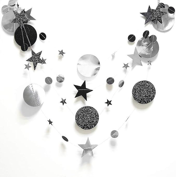 Cheerland Twilight Birthday Decoration Black Silver Moon Garland Full Moon Star Streamer Gothic Party Decor Garland Ramadan Eid Mubarak Glitter Banner Celestial Baby Shower Summerween Halloween