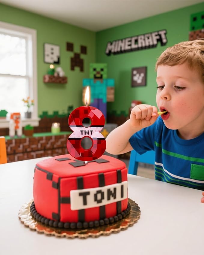 Number 8 Red Pixel Birthday Candle, TNT Themed Birthday Candles for Cake, 2.73 Inch Green Miner Number Candles, Game Themed Candle Birthday Decoration, Red Birthday Cake Topper for Boys Girls Party