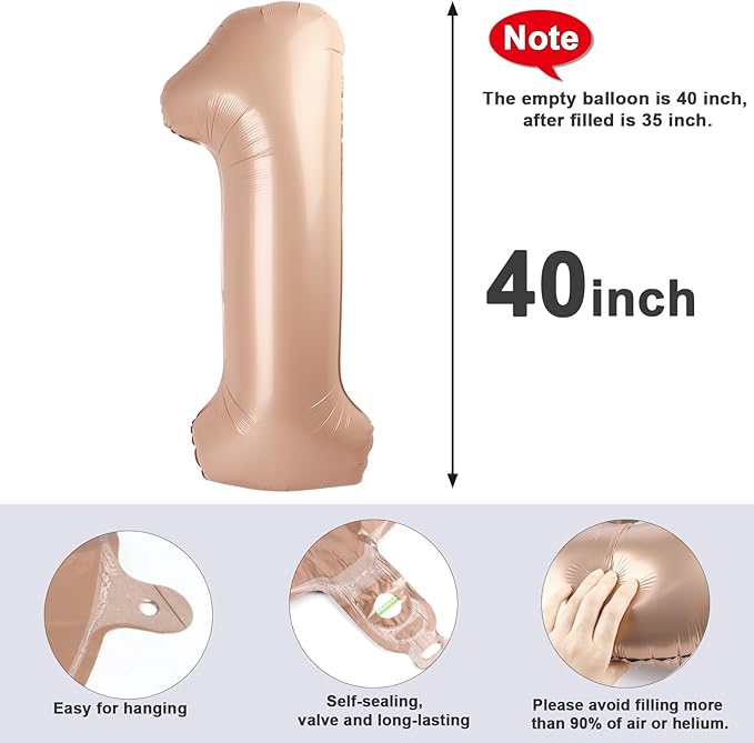 Number Balloons 1, 40 Inch One Balloons for 1st Birthday Girl Boy 1 11 21 Party Decorations Baby Shower Photo Shoot, Light Brown 1 Balloon