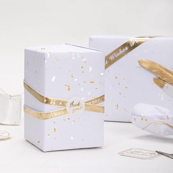 MAYPLUSS Thick Wrapping Paper Roll - 17Inch x 16.5Feet - Romantic Gold Shiny Flakes on Matte White Heavy Gift Wrap Paper with Silky Touch for Wedding, Birthday, Holiday, Christmas