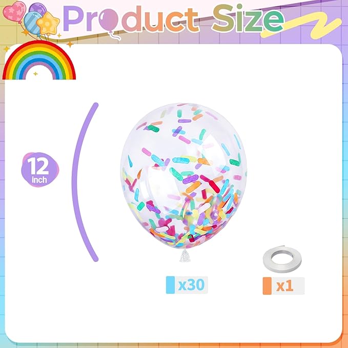 Rainbow Confetti Balloons, 12 Inch Multicolor Candyland Ice Cream Sprinkle Colorful Long Confetti Glitter Latex Balloons for Men Women Birthday Party Wedding Baby Bridal Shower Graduation Decorations