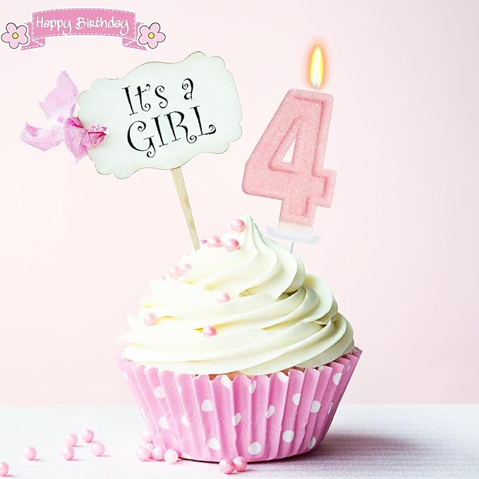 Pink Birthday Candles - Number 4 Candle for 4th Birthday Decorations Girl, Pink Cake Decorations Four Ever Sweet Birthday Decorations Girl