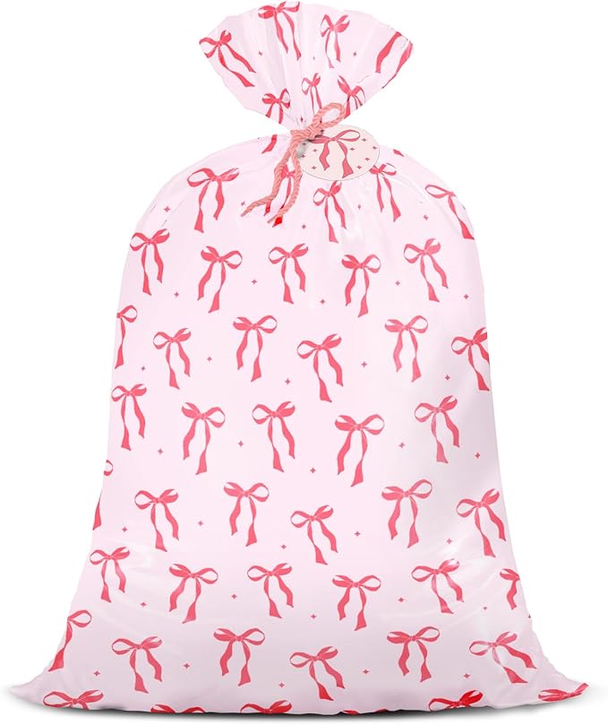 WRAPAHOLIC 56" Large Pink Bow Plastic Gift Bag - Pink Ribbon Bow Jumbo Bike Bag Gift Wrap for Girl Birthday, Baby Shower, Bachelorette Party, Valentine's Day - 56" H x 36" W