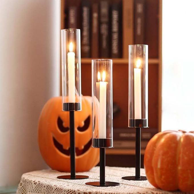 Black Candle Holders 3pc Hurricane Candlestick Holders,Taper Candle Holders with Glass Candle Cover for Wedding Table Centerpiece Decoration Christmas Party