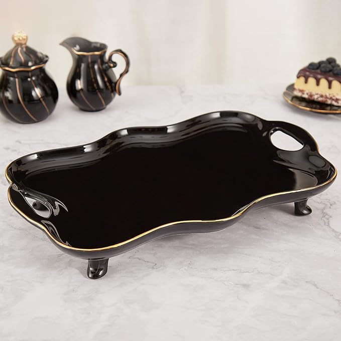DUJUST Porcelain Serving Tray with Handles, Luxury British Style Coffee Table Tray with Golden Rim, Beautiful Tea Tray Decor for Living Room, Easy to Use & Clean - Black