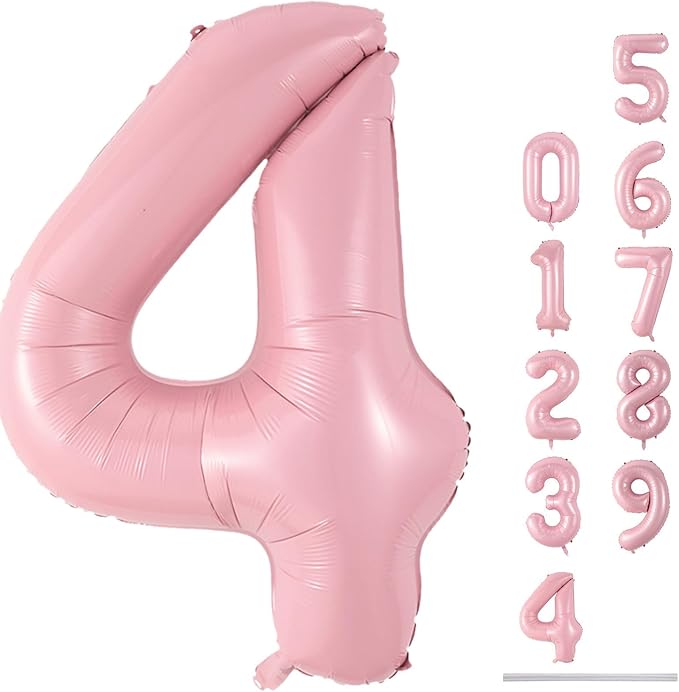 40 Inch Pastel Pink Foil Balloon Number 4, Large Self Inflating Light Pink Number Balloons 0-9 Pearl Pink Helium Number Balloons Set for Girls 4th Birthday Women Anniversary Party Decoration Supplies