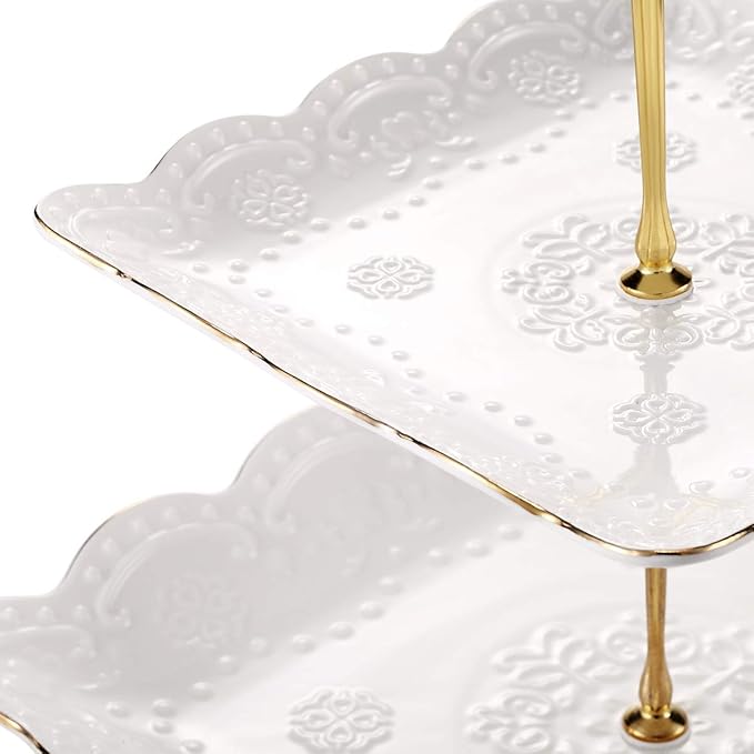 Sumerflos 3-Tier Square Porcelain Cake Stand, White Rimmed with Gold Embossed Cupcake Dessert Stand - Tiered Serving Tray for Tea Party and Show