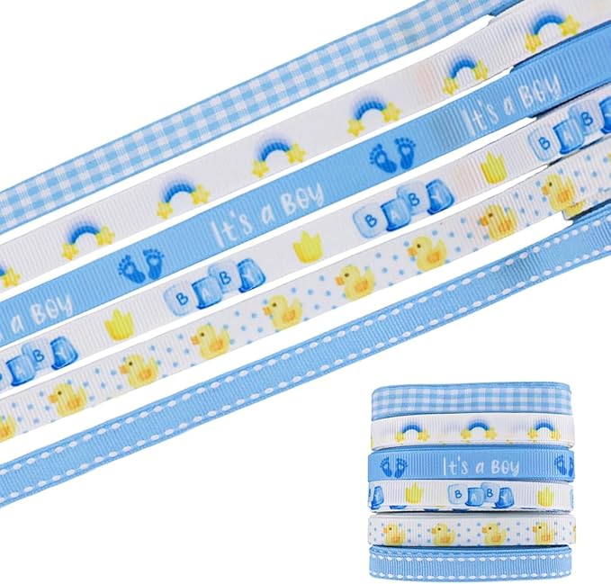 6 PCS 18 Yards 3/8" Baby Shower Ribbons Blue White Buffalo Plaid Grosgrain Ribbons It's a Boy Rainbow Feet Fabric Ribbon for DIY Baby Shower Birthday Party Decorations