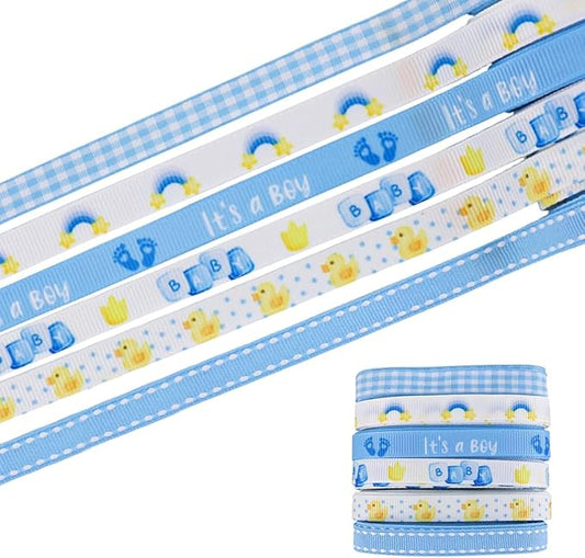 6 PCS 18 Yards 3/8" Baby Shower Ribbons Blue White Buffalo Plaid Grosgrain Ribbons It's a Boy Rainbow Feet Fabric Ribbon for DIY Baby Shower Birthday Party Decorations
