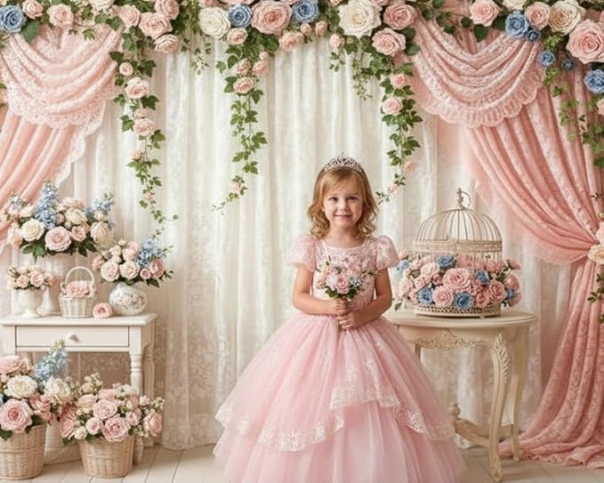 Kate 7x5ft Elegant Floral Arch Photography Backdrop with Sheer Lace Curtains for Wedding Photography Kids Princess Birthday Party Photo Background
