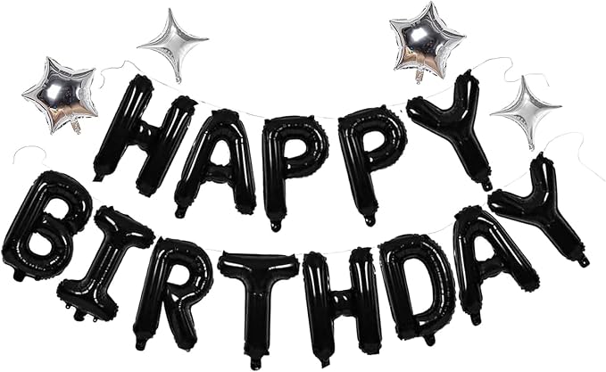 Black Happy Birthday Banner Balloon Aluminum Foil 16 Inch Letter,10 Inch Five Pointed Star Four Pointed Star Suitable for Kids, Men, Women, Boys and Girls Party Decoration Supplies