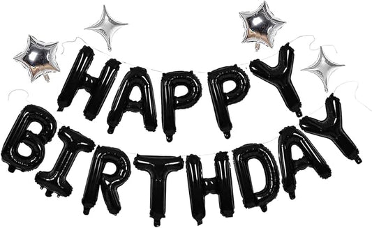 Black Happy Birthday Banner Balloon Aluminum Foil 16 Inch Letter,10 Inch Five Pointed Star Four Pointed Star Suitable for Kids, Men, Women, Boys and Girls Party Decoration Supplies