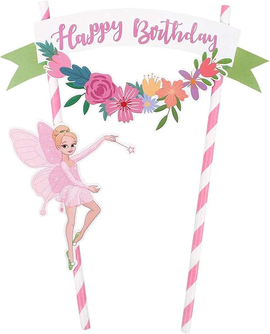 Pink Flower Fairy Happy Birthday Cake Topper Banner pre-assembled Cake Decorating Pennant Flag Banner Perfect for Wedding, Baby Shower, Tea Party