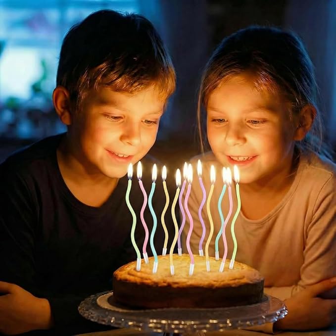 12-Count Spiral Birthday Candles, Long Twisty Party Candles with Candle Holders, Long Burning for Weddings, Birthdays, Party Decorations, Cupcakes, Anniversary and Meetups (Assorted Pastel Colours)