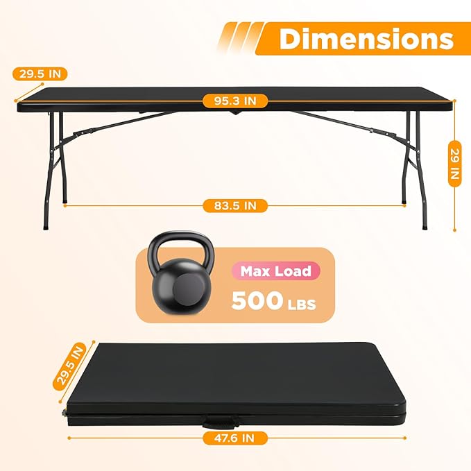 FDW 8FT Folding Table, Portable Fold-in-Half Plastic Picnic Party Table with Carrying Handle (Black, 8FT)