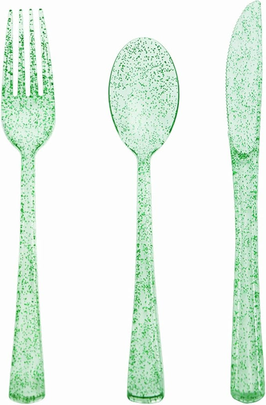 150 PCS Green Plastic Silverware, Green Glitter Plastic Utensils - 50 Forks, 50 Knives, 50 Spoons for Birthday, Baby Shower, Picnic, Graduation Party