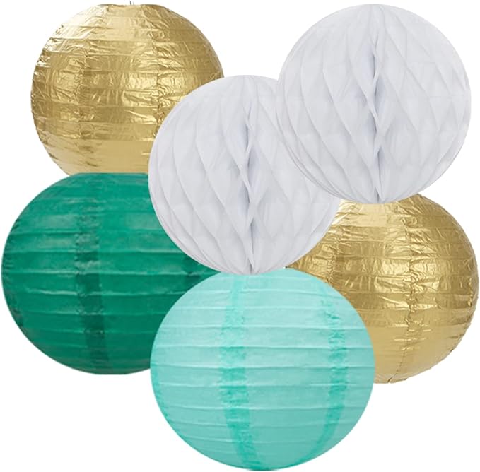 Sage-Green Teal-Gold Baby-Shower Party Decorations - 14pcs Rustic Wedding Paper Lanterns Fan,Tissue Pom Poms Streamers,Honeycomb Balls,Birthday Bachelorette Engagement Bridal Decor Lasting Surprise