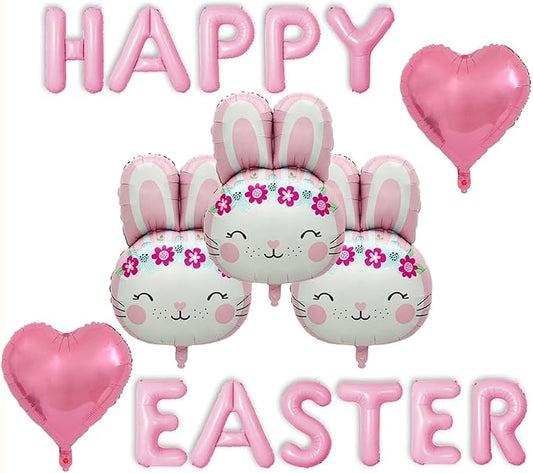 Easter Balloons Pink Happy Easter Foil Balloon Letter Heart Bunny Balloons for Rabbit Themed Party Decoration Supplies Birthday Decor Ballons Arch Kits Party Balloon Set 16pcs